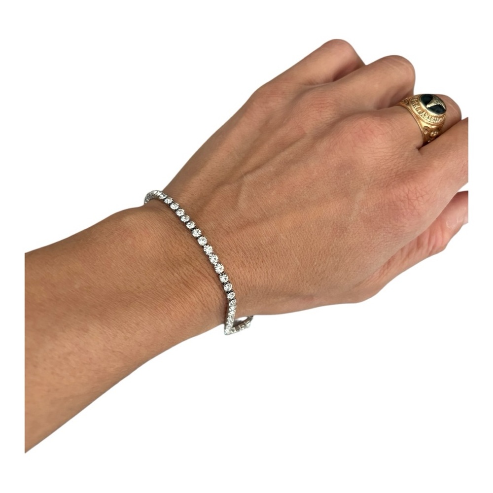Rhinestone Tennis Bracelet - Clear Crystal Silver Tone Classic - Size L